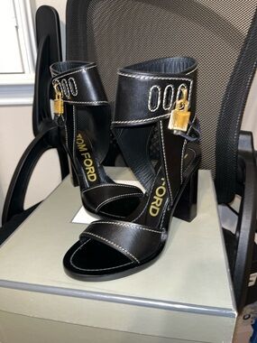 Tom Ford Black Leather Open-Toe Heels with Gold Padlock Accent